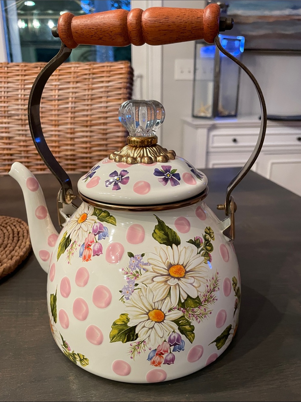 MacKenzie-Childs Pink Polka Dot Floral Enamel Teapot with Wooden Handle